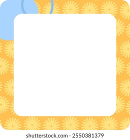 Blank white square with decorative yellow floral border on an orange background and blue accents. Template design with copy space for notes, invitations, or cards