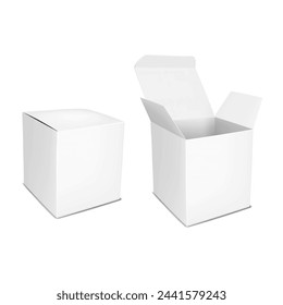 Caja de cartón cuadrada blanca en blanco con tapa con bisagras, cerrada y abierta. Maqueta de vector realista. Caja de cartón, envase de papel. Maqueta para el diseño