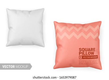 Blank white square textile pillow. Photo-realistic object mockup template with sample design. Vector 3d illustration.