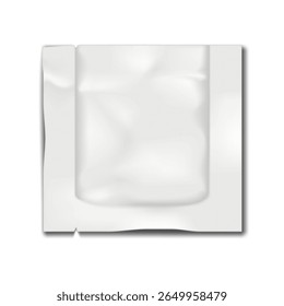 Blank white square three-side seal sachet packet with tear notches. 3d mockup. Plastic pouch bag. Realistic vector mock-up. Food, medical or cosmetic product individual package. Template for design