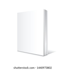 Blank white standing and slightly open thin softcover book or magazine mockup template. Isolated on white background with shadow. Ready to use for your business. Vector illustration.