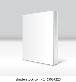 Blank white standing and slightly open thin softcover book or magazine mockup template. Isolated on gray background with shadow. Ready to use for your business. Vector illustration.