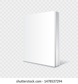 Blank white standing and slightly open thin softcover book or magazine mockup template. Isolated on transparent background with shadow. Ready to use for your business. Vector illustration.