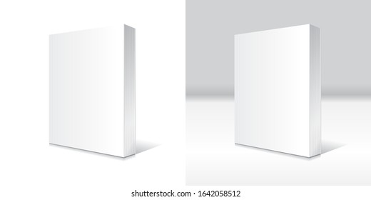 Blank white standing softcover book or magazine mockup template. Isolated on white and gray background with shadow. Ready to use for your business. Vector illustration.