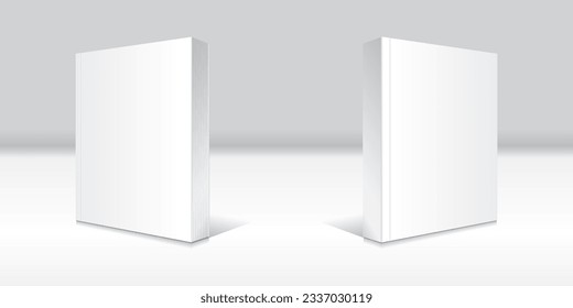 Blank white standing softcover thick book or magazine mockup template. Isolated on white and gray gradient background with shadow. Ready to use for your business. Realistic vector illustration.