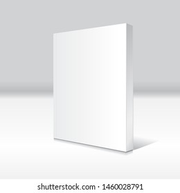 Blank white standing thin softcover book or magazine mockup template. Isolated on gray background with shadow. Ready to use for your business. Vector illustration.