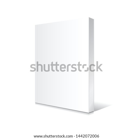 Blank white standing thin softcover book or magazine mockup template. Isolated on white background with shadow. Ready to use for your business. Vector illustration.