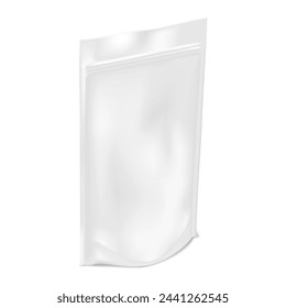 Blank white stand-up pouch with zip lock mock-up. Plastic bag template. Standup zipper package vector mockup