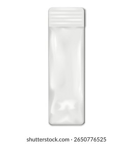 Embalagem branca de saco plástico de vara branca. Mock-up de vetor realista. Bolsa de saqueta longa. 3d mockup. Embalagem individual para alimentos, medicamentos e produtos cosméticos. Modelo para design