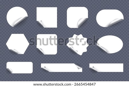 Blank White Sticker Set with Curled Corners in Various Shapes on Transparent Background