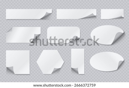Blank White Sticker Set with Curled Corners in Various Shapes on Transparent Background