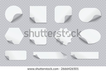 Blank White Sticker Set with Curled Corners in Various Shapes on Transparent Background