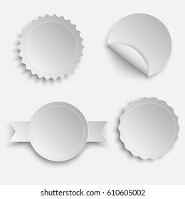 Blank, white stickers set, different shapes. Round paper labels