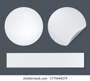 Blank white stickers straightened and with folded corner on dark background. Vector illustration.