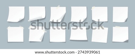 Blank White Sticky Note Mock Up Set with Realistic Paper Folds, Tape and Soft Shadow. Empty Memo Notes, Reminder Card. Vector Illustration