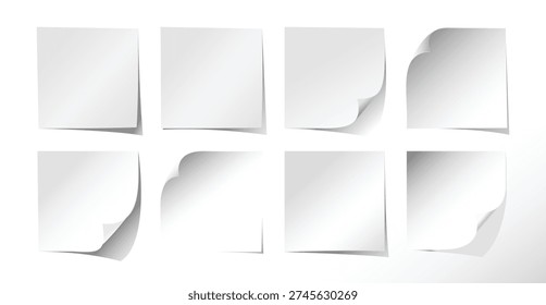 Blank white sticky notes collection featuring folded corners and realistic paper curl shadow effect isolated on light background. This sticky, notes, paper, blank, mockup concept is ideal for reminder messages, office supplies design, presentation layouts, to do lists, memo templates and minimal stationery branding projects.