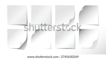 Blank white sticky notes collection featuring folded corners and realistic paper curl shadow effect isolated on light background. This sticky, notes, paper, blank, mockup concept is ideal for reminder messages, office supplies design, presentation layouts, to do lists, memo templates and minimal stationery branding projects.