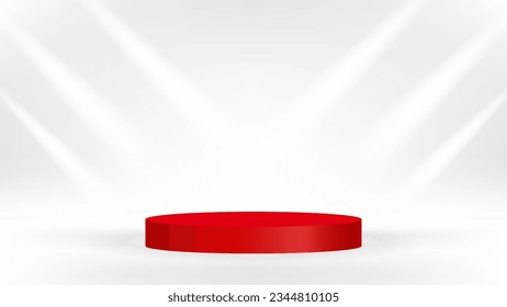 Blank White Studio Background With Red Podium Stage And Sunlight. Minimalist. Vector Illustration