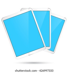 Blank white tablet in three orientations, with blue screen, vector illustration