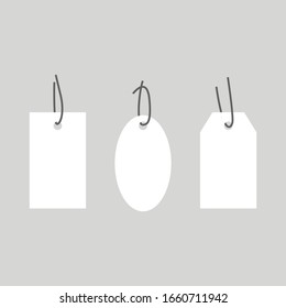 blank white tag set. paper label with rope for add text and decorative graphic design elements isolated on grey background. vector illustration