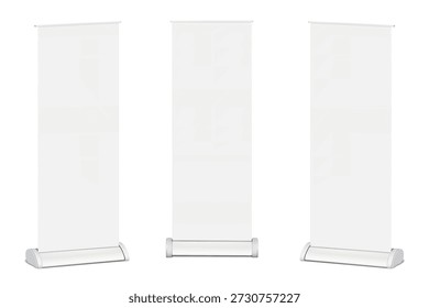 Blank white tall roll-up retractable banner stand. Front and half-turned. Isolated mock-up set. Pull-up roller standee. Realistic vector mockup. Kakemono advertising display stand. Template for design