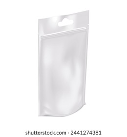 Blank white tear notch stand-up pouch with zip lock and euro hole realistic mock-up. Plastic bag template. Hanging standup zipper package vector mockup