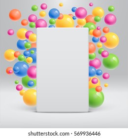 Blank white template with colorful balls floating around for advertising, vector illustration