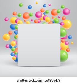 Blank white template with colorful balls floating around for advertising, vector illustration
