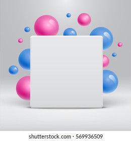 Blank white template with colorful balls floating around for advertising, vector illustration