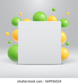 Blank white template with colorful balls floating around for advertising, vector illustration