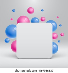 Blank white template with colorful balls floating around for advertising, vector illustration