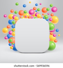 Blank white template with colorful balls floating around for advertising, vector illustration