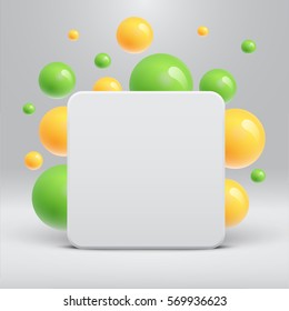 Blank white template with colorful balls floating around for advertising, vector illustration