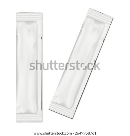 Blank white three-side seal sugar stick sachet packet with tear notches. 3d mockup. Long plastic pouch bag. Realistic vector mock-up. Food, medical product individual package. Template for design