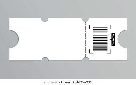 Blank white ticket with barcode isolated. Template for cinema, theater, airplane, circus.Vector coupon template