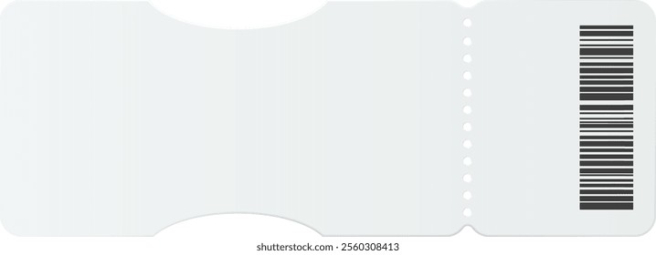 Blank white ticket with barcode and perforated right side suggesting entering or winning a contest, lottery, raffle, event, festival, concert, cinema, flight, travel, coupon, or discount