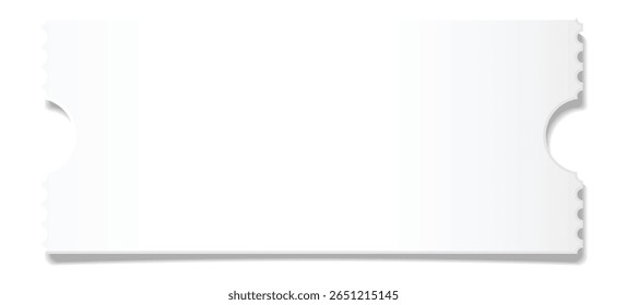 Bilhete branco em branco com amplo espaço de cópia, isolado contra um fundo branco limpo, esperando para uso em eventos, concertos, viagens ou cenários de controle de acesso