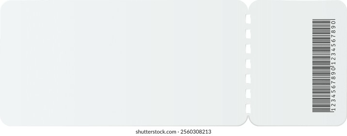 Blank white ticket featuring a barcode and a perforated right edge, waiting for use at an event or for transportation purposes, offering a clean and minimal design