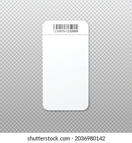 Blank White Ticket Mockup With Bar Code On Tear Away Label. Realistic Coupon Template With Rounded Rectangle Shape And Empty Copy Space, Vector Illustration.