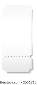 Blank white ticket with perforation casting shadow is isolated on white background, perfect for adding your own design, text, price, or other information
