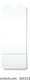 Bilhete branco em branco com perfuração e cantos arredondados está esperando para ser usado, isolado no fundo branco com sombra leve por baixo, pronto para personalização e design