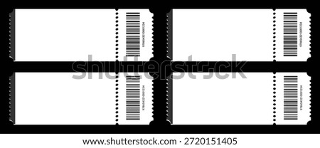 Blank white ticket templates arranged in a four-up layout feature distinct perforated tear lines and vertical barcodes for easy customization of raffle entry passes or event admission vouchers.