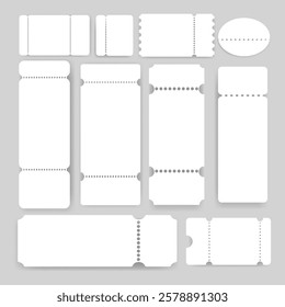 Blank white tickets with perforated edges coded in various shapes and sizes. Perfect for designing custom event tickets, raffles, movie passes,concert stubs, and printable templates.Vector 