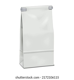 Blank white tin tie paper bag vector mockup. Reclosable packaging pouch for coffee, tea, snacks and other food products realistic mock-up