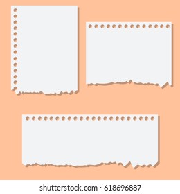 Blank white torn reminder paper. Design element ripped sheets paper. Vector illustration set