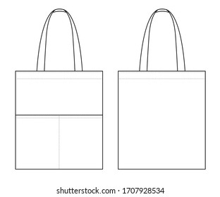 Blank White Tote Bag with Double Pocket Template on White Background. Front and Back View, Vector File.