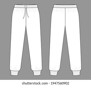 Blank White Tracksuit Pants Template on Gray Background. Front and Back Views, Vector File.