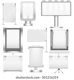 Blank white trade stand displays and billboards for advertisement promotion and placard presentation. Vector illustration mockups set