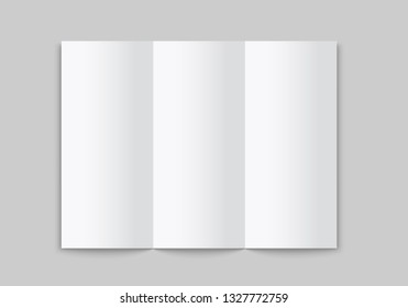 Blank white tri folded brochure mockup. Open booklet isolated. Vector template on white background.