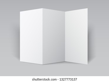 Blank white tri folded brochure mockup. Open booklet isolated. Vector template on white background.